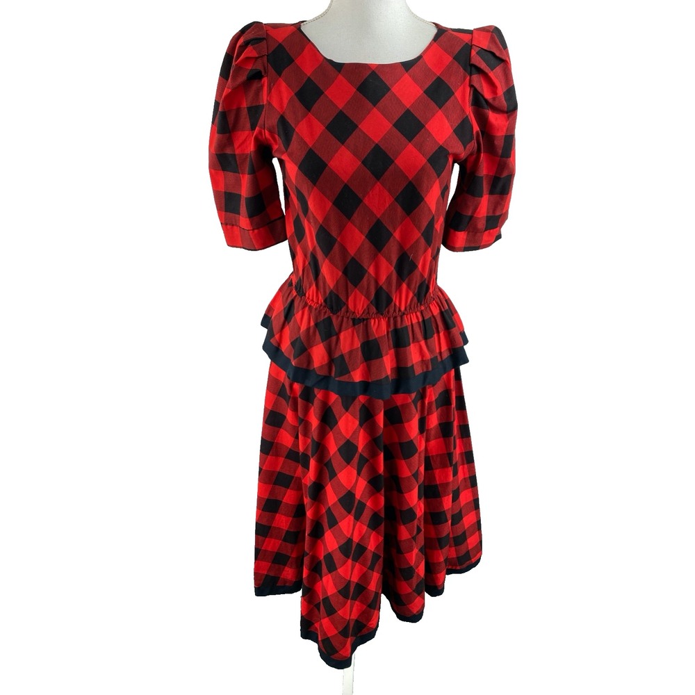 Choon Vtg Womens 7/8 Plaid Peplum Below Knee‎ 70s Puff Sleeve Dress A-Line